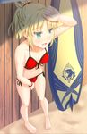  aqua_eyes barefoot bikini blonde_hair bracelet breasts cleavage fate/apocrypha fate/grand_order fate_(series) front-tie_top half_updo hand_on_forehead jewelry mordred_(fate)_(all) mordred_(swimsuit_rider)_(fate) navel open_mouth pigeon-toed red_bikini sand side-tie_bikini solo standing surfboard sweat swimsuit symfo toes 