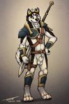  2016 animal_genitalia anthro armor balls belt black_fur canine claws dog eyewear fur goggles greaves grey_eyes hip_holster husky knife looking_at_viewer male mammal melee_weapon navel pauldron penis penis_tip sheath simple_background smile solo standing sword tsaiwolf unconvincing_armor vambraces warrior weapon white_fur 