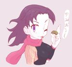  1girl ;p alternate_hairstyle anzu_(pokemon) ninja one_eye_closed poke_ball pokemon purple_hair scarf solo tongue tongue_out 