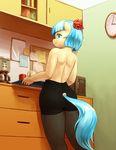  2016 anthro anthrofied audrarius blue_eyes blue_hair butt clock clothed clothing coco_pommel_(mlp) cup earth_pony edit equine female friendship_is_magic hair horse inside legwear looking_at_viewer looking_back mammal microwave my_little_pony pantyhose paper pony short_hair smile solo topless underwear 