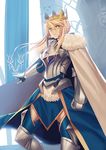  armor armored_boots armored_dress artoria_pendragon_(all) artoria_pendragon_(lancer) bangs banner blonde_hair boots braid cape closed_eyes closed_mouth column crown fate/grand_order fate_(series) frown fur-trimmed_cape fur_trim gauntlets greaves green_eyes hair_between_eyes long_hair looking_at_viewer md5_mismatch pillar sidelocks solo standing tsukikanade white_cape 