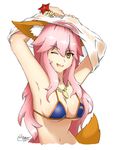  alternate_hair_length alternate_hairstyle animal_ears armpits bikini blue_bikini breasts cleavage fate/extra fate/grand_order fate_(series) fox_ears fox_tail highres jewelry large_breasts long_hair midriff navel necklace one_eye_closed open_mouth pink_hair signature simple_background snowfeline solo swimsuit tail tamamo_(fate)_(all) tamamo_no_mae_(fate) tamamo_no_mae_(swimsuit_lancer)_(fate) undressing very_long_hair white_background yellow_eyes 