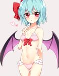  :/ alternate_costume bat_wings bikini blue_hair blush bow bow_bikini breasts closed_mouth collarbone commentary_request cowboy_shot finger_to_mouth frilled_bikini frills front-tie_bikini front-tie_top groin hair_bow heart kanon_(ikamiso) looking_at_viewer nail_polish navel pink_bikini red_bow red_eyes red_nails remilia_scarlet short_hair small_breasts solo swimsuit touhou wings 