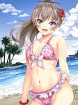  beach bikini blue_eyes breasts brown_hair frilled_bikini frills kantai_collection kumano_(kantai_collection) long_hair palm_tree ponytail small_breasts solo standing swimsuit tree yumibakama_meme 