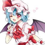  ;d arm_garter ascot bat_wings blue_hair blush bow brooch commentary_request fang frilled_shirt_collar frills hat hat_ribbon heart index_finger_raised jewelry kanon_(ikamiso) looking_at_viewer mob_cap one_eye_closed open_mouth pink_shirt puffy_short_sleeves puffy_sleeves red_bow red_eyes red_ribbon remilia_scarlet ribbon sash shirt short_hair short_sleeves skirt skirt_set smile solo touhou upper_body white_background wings wrist_cuffs 