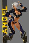  angel_(kof) blue_eyes breasts cleavage fingerless_gloves gloves hair_over_one_eye jintetsu large_breasts midriff navel short_hair silver_hair solo the_king_of_fighters white_hair 