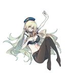  arm_up atago_(kantai_collection) bare_shoulders beret black_legwear blonde_hair bra breasts crotch_seam full_body green_eyes green_panties guratan hair_between_eyes hat kantai_collection large_breasts long_hair looking_at_viewer open_mouth panties panties_under_pantyhose pantyhose simple_background smile solo underwear very_long_hair white_background 