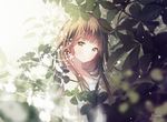  brown_hair closed_mouth commentary_request dress eyebrows eyebrows_visible_through_hair forest gomzi leaf leaf_background light_smile long_hair looking_at_viewer nature original plant solo tree white_dress yellow_eyes 