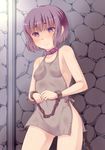  amashoku_jirou bdsm blush bondage bound breasts collar covered_nipples cuffs frown original purple_eyes purple_hair short_hair slave small_breasts solo tears whip_marks 