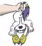  ambiguous_gender anus cat claws clothing digimon feline female gatomon gloves hanging_(disambiguation) human mammal open_mouth pawpads pussy solo_focus tail_grab upside_down vulapa 