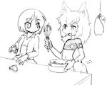  alternate_costume animal_ears camel_(dansen) cookie_cutter cooking egg_beater hanged kyu_(dgallon) midriff milia milia_wars monochrome navel puki_(dgallon) sachiho 