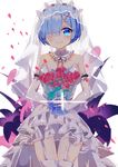  alternate_costume bare_shoulders blue_eyes blue_hair blush bouquet breasts bridal_veil bride dress elbow_gloves flower frills garter_straps gloves hair_ornament hair_over_one_eye highres jewelry large_breasts looking_at_viewer petals polka_dot_ribbon re:zero_kara_hajimeru_isekai_seikatsu rem_(re:zero) ring short_hair sleeveless sleeveless_dress smile solo strapless strapless_dress thighhighs timins veil wedding_dress white_dress white_gloves white_legwear x_hair_ornament 