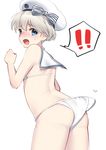  !! 1girl alternate_costume ass bare_arms bare_shoulders beret bikini blue_eyes blush breasts clenched_hands embarrassed eyebrows eyebrows_visible_through_hair flat_ass from_behind hat hat_ribbon highres kantai_collection looking_at_viewer midriff mizuki_eiru_(akagi_kurage) open_mouth ribbon sailor_bikini sailor_collar sailor_hat short_hair silver_hair small_breasts solo spoken_exclamation_mark swimsuit thighhighs wardrobe_malfunction wavy_mouth white_background white_bikini white_hat z1_leberecht_maass_(kantai_collection) 