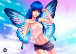  artstation_sample black_shorts blue_hair butterfly_wings buttons collarbone emmanuel_gonzales hand_on_own_chest head_tilt image_sample long_hair looking_at_viewer navel original parted_lips pointy_ears red_lips shirt shorts signature sleeveless smile solo sparkle stomach tank_top white_shirt wings 
