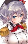  :3 artist_name bangs beret blue_eyes blush breast_hold breasts buttons collared_shirt double-breasted epaulettes eyebrows eyebrows_visible_through_hair grey_shirt hair_between_eyes haruno_suzune hat jacket kantai_collection kashima_(kantai_collection) large_breasts long_sleeves looking_at_viewer neckerchief shirt sidelocks signature silver_hair simple_background solo striped twintails upper_body wavy_hair white_background 