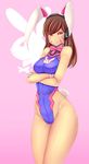 animal_ears bangs bare_shoulders blue_leotard blush bow bowtie bracer breasts brown_eyes brown_hair bunny_ears bunny_girl bunny_tail bunnysuit closed_mouth covered_navel cowboy_shot crossed_arms d.va_(overwatch) eyebrows eyebrows_visible_through_hair facepaint facial_mark fake_animal_ears gloves groin high_collar highleg highleg_leotard highres legs leotard lips long_hair medium_breasts moeroknight overwatch pink_background pink_bow pink_lips pink_neckwear ribbed_leotard simple_background sleeveless solo standing tail thighs turtleneck whisker_markings white_gloves 