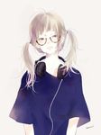  blonde_hair blue_eyes closed_mouth collarbone glasses head_tilt headphones kana_(kwbr) looking_to_the_side original semi-rimless_eyewear shirt signature simple_background solo t-shirt twintails upper_body 