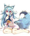  animal_ears barefoot blue_hair chromatic_aberration hair_between_eyes highres japanese_clothes kimono long_hair long_tail off_shoulder original red_eyes sitting sketch sleeves_past_wrists solo tail wolf_ears xuan_chu yukata 