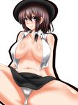  bare_shoulders belly black_hat black_skirt blush bow breasts brown_eyes brown_hair covered_nipples crop_top crop_top_overhang hair_bow hair_ribbon hat large_breasts looking_at_viewer miniskirt naked_shirt navel open_clothes open_shirt panties pantyshot pantyshot_(sitting) parmiria parted_lips ribbon shirt short_hair sitting skirt sleeveless sleeveless_shirt smile solo spread_legs thick_thighs thighs touhou tress_ribbon underwear usami_renko white_background white_bow white_panties white_shirt 