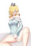  1girl areolae bare_shoulders blonde_hair blue_eyes blush breasts crown drawfag earrings hair_over_one_eye looking_at_viewer masturbation nintendo nipples open_mouth panties_aside pussy rosetta_(mario) see-through sitting solo spread_legs super_mario_bros. 