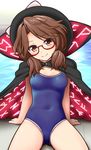  alternate_costume arm_support black_hat blush bow breasts brown_eyes brown_hair cape clothes_writing competition_school_swimsuit covered_navel glasses hat hat_bow katou_kaiou looking_at_viewer low_twintails one-piece_swimsuit pool red-framed_eyewear semi-rimless_eyewear small_breasts smile solo swimsuit touhou twintails under-rim_eyewear usami_sumireko white_bow 