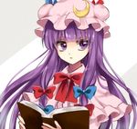  bangs blue_bow blunt_bangs book bow bowtie capelet closed_mouth commentary_request crescent hair_bow hair_ribbon hat holding holding_book kanon_(ikamiso) long_hair looking_away mob_cap open_book patchouli_knowledge purple_eyes purple_hair red_bow red_neckwear ribbon sidelocks solo touhou tress_ribbon upper_body 