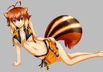  animal_ears antenna_hair bare_shoulders black_panties blazblue breasts brown_hair chukachuka cleavage closed_mouth crop_top hand_on_hip highleg highleg_panties highres large_breasts looking_at_viewer lying makoto_nanaya microskirt midriff multicolored_hair navel orange_eyes orange_skirt panties revealing_clothes short_hair simple_background skirt smile solo squirrel_ears squirrel_tail tail two-tone_hair unbuttoned unbuttoned_shirt underboob underwear 