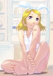  barefoot blonde_hair blue_eyes bow collarbone feet hair_bow hair_ornament hair_ribbon hairclip highres kagamine_rin panties refrigerator ribbon short_hair sitting smile soles solo soon tank_top tattoo toes underwear vocaloid 