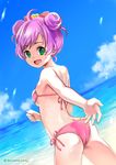  absurdres bikini bow double_bun dutch_angle from_behind green_eyes hair_bow highres long_hair looking_back manaka_lala pretty_(series) pripara puca-rasu purple_hair solo swimsuit 