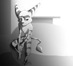  balls bed bedroom_eyes half-closed_eyes keroa lombax male mammal monochrome nude penis ratchet ratchet_and_clank seductive shadow sitting solo solo_focus stripes tail_tuft tuft video_games 