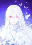  1boy albino bug butterfly commentary hair_between_eyes insect kangetsu_(fhalei) long_hair looking_at_viewer male_focus mole mole_under_eye original portrait purple_background red_eyes robe smile solo symbol_commentary white white_hair 