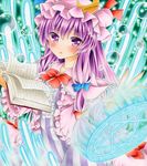  blush book bubble crescent crescent_hair_ornament double_bun dress expressionless fingernails hair_ornament hair_ribbon hat hat_ribbon hexagram light_trail long_hair looking_at_viewer magic_circle marker_(medium) mob_cap open_book outstretched_hand patchouli_knowledge purple_eyes purple_hair ribbon robe sharp_fingernails sidelocks solo striped striped_dress touhou traditional_media tress_ribbon wassmint 