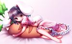  animal_ears barefoot black_hair blouse bunny_ears bunny_tail dakimakura_(object) frilled_skirt frills gradient gradient_background highres inaba_tewi looking_at_viewer lying object_hug on_side open_mouth pillow pillow_hug pink_background pink_blouse puffy_short_sleeves puffy_sleeves red_eyes short_hair short_sleeves skirt skirt_set solo tail touhou yagyu-pix 