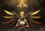  2016 absurdres blonde_hair bodysuit breasts brown_background brown_eyes dark_background dated embers gloves high_ponytail highres holding holding_staff lips looking_at_viewer mechanical_halo mechanical_wings medium_breasts mercy_(overwatch) overwatch ponytail shou_mai signature solo spread_wings staff upper_body wings yellow_wings 