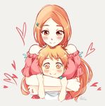  1girl bare_shoulders bleach bleach:_epilogue blush breasts brown_eyes child dress hair_ornament hairclip hug hug_from_behind inoue_orihime jewelry kurosaki_kazui large_breasts long_hair mature mother_and_son orange_hair quiss ring signature smile spoilers strapless strapless_dress wedding_band 