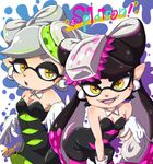  2girls :o aori_(splatoon) bare_shoulders bent_over black_dress black_hair bow breasts cleavage commentary_request copyright_name cousins detached_collar domino_mask dress earrings eyebrows fangs food food_on_head gloves green_legwear hair_bow hat highres hotaru_(splatoon) jewelry long_hair looking_at_viewer mask miyako_ameko mole mole_under_eye multiple_girls object_on_head open_mouth pantyhose pointy_ears pose purple_legwear short_hair short_jumpsuit silver_hair small_breasts smile splatoon_(series) splatoon_1 strapless symbol-shaped_pupils tentacle_hair tentacles thick_eyebrows white_gloves yellow_eyes 
