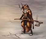  4_toes 5_fingers akineza antlers armor axe blood brown_fur canine day digitigrade fox fur hooves horn male mammal melee_weapon outside skull solo standing toes weapon white_fur 