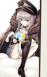  black_footwear black_legwear boot_removed boots food fruit fur_trim girls_frontline hat highres i.f.s.f iron_cross kar98k_(girls_frontline) lemon lemon_slice long_hair looking_at_viewer panties pantyshot peaked_cap red_eyes single_boot solo thigh_boots thighhighs underwear white_hair 