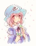  dango eating food hat lowres petals pink_eyes pink_hair saigyouji_yuyuko sanshoku_dango sen1986 solo touhou triangular_headpiece upper_body wagashi 