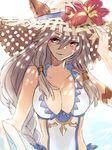  adjusting_clothes adjusting_hat advent-lezard animal_ears bangs bare_shoulders braid breasts cat_ears cleavage collarbone ears_through_headwear erune flower granblue_fantasy hair_between_eyes hair_tubes hat hat_flower heles hibiscus large_breasts long_hair one-piece_swimsuit red_eyes silver_hair single_braid solo sun_hat swimsuit upper_body very_long_hair white_swimsuit 