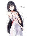  alternate_costume bare_arms bare_shoulders black_hair character_name commentary dress fusou_(kantai_collection) highres kantai_collection kikuzunooka long_hair looking_at_viewer one_eye_closed red_eyes simple_background solo white_background white_dress 