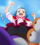  :d aqua_eyes blue_hair blue_sky capelet clenched_hands cloud convenient_censoring day from_below haruyama_kazunori jun_(mahou_girls_precure!) magic_school_uniform mahou_girls_precure! no_panties open_mouth precure short_hair sky smile solo 