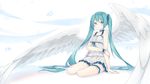  aqua_eyes aqua_hair choker dress feathered_wings fhang full_body garters hatsune_miku highres holding_arm light_smile long_hair sitting solo twintails very_long_hair vocaloid white_background white_dress wings 