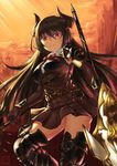  &gt;:( absurdres bangs black_gloves black_hair black_legwear black_skirt bow bowtie breastplate breasts building collared_shirt crack draph dual_wielding dusk elbow_gloves forte_(shingeki_no_bahamut) frown gloves granblue_fantasy hair_between_eyes highres holding holding_weapon horns large_breasts long_hair michitarou miniskirt orange_sky outdoors pleated_skirt pointy_ears polearm red_bow red_eyes shingeki_no_bahamut shirt skirt sky slit_pupils solo spear sunlight thighhighs v-shaped_eyebrows weapon white_shirt 