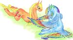  absurd_res applejack_(mlp) blonde_hair blue_feathers cutie_mark dawn22eagle equine eyelashes eyes_closed feathers female feral friendship_is_magic fur green_eyes hair hi_res hooves lying mammal multicolored_feathers multicolored_hair my_little_pony orange_fur pegasus rainbow_dash_(mlp) rainbow_feathers rainbow_hair simple_background smile traditional_media_(artwork) white_background wings 