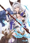  absurdres animal_ears armor belt boots braid brown_eyes cape contrapposto erune gloves granblue_fantasy heles highres kou_v05first long_hair looking_at_viewer magic polearm serious shoulder_armor silver_hair simple_background single_braid solo spaulders standing thigh_boots thighhighs vambraces weapon white_background 