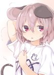  akagashi_hagane alternate_costume animal_ears arm_up grey_hair hot mouse_ears mouse_tail nazrin parted_lips red_eyes shirt short_hair solo steam sweat t-shirt tail touhou 