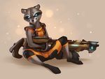  4_toes akineza anthro black_lips black_nose blue_eyes clothed clothing guardians_of_the_galaxy gun male mammal marvel raccoon ranged_weapon rocket_raccoon simple_background sitting toes weapon 