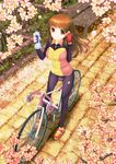  bad_id bad_tinami_id bench bicycle bike_jersey bottle breasts brown_eyes brown_hair chair cherry_blossoms fingerless_gloves from_above gloves ground_vehicle long_hair medium_breasts original pants petals rakuga ringed_eyes smile solo tile_floor tiles tree watch water_bottle wristwatch 