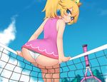  alternate_costume alternate_hairstyle ass blonde_hair blue_sky blush cloud day earrings from_behind jewelry kuroonehalf looking_at_viewer looking_back mario_(series) mario_tennis panties pantyshot pantyshot_(sitting) princess_peach racket sitting sky solo sportswear super_mario_bros. tennis_net tennis_racket tennis_uniform underwear white_panties 